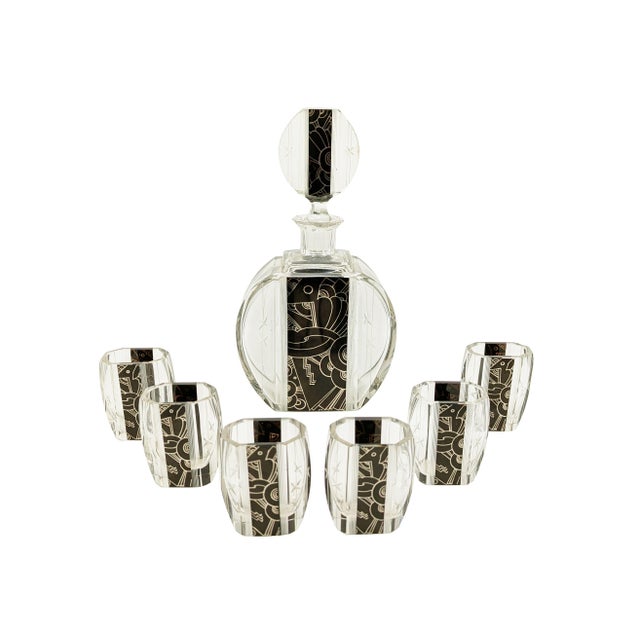 Art Deco Mirrored and Grinded Glass Decanter Set attributed to Karel Palda, 1930s, Set of 7 For Sale - Image 14 of 14