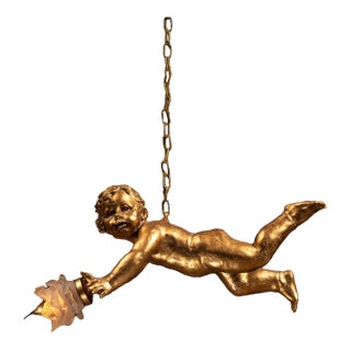 Vintage Gilt Paint Figural Cherub Hanging Light For Sale