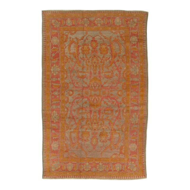 Antique Oushak Carpet, Handmade Turkish Oriental Rug, Saffron, Coral, Light Blue For Sale