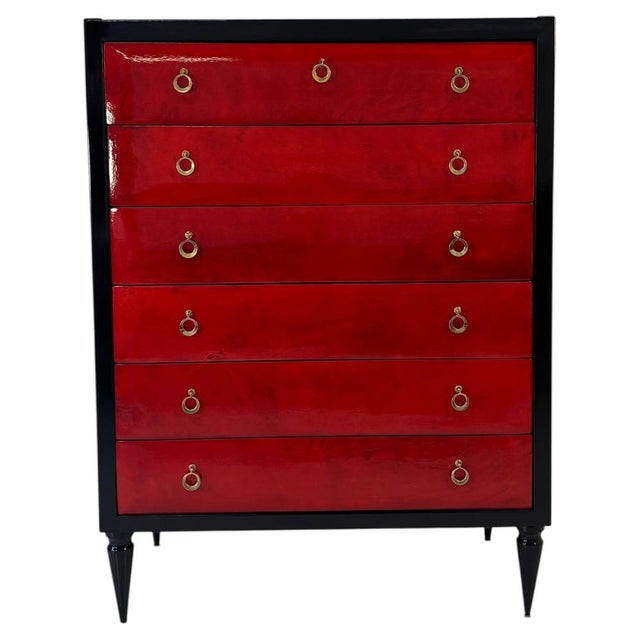Art Deco Italian Chest of Drawers in Cherry Red Parchment and Black Lacquer, 1950s For Sale - Image 13 of 13