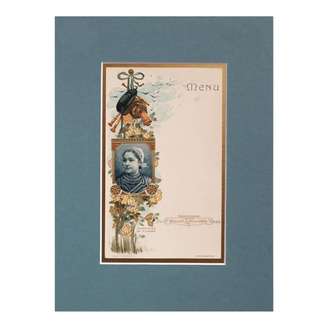 1900 Original French Advertising Menu (Fille Bretonne Ploare) Matted For Sale