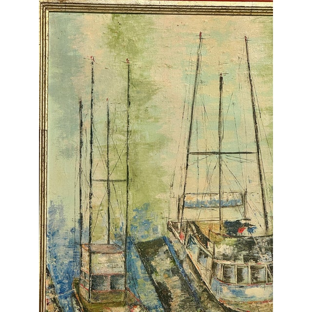 1970s Large Mid-Century Modern Impasto Expressionist Harbor Boats Painting, Signed Oil For Sale - Image 5 of 7