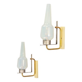Italian Brass and Opalescent Glass Wall Lamps, 1950s, Set of 2 For Sale