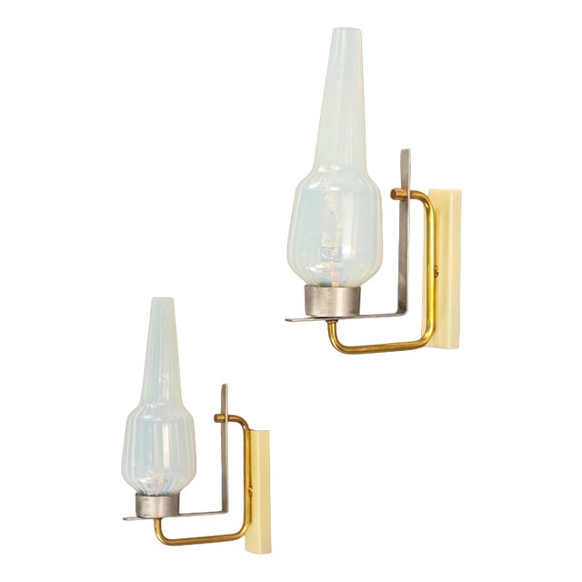 Italian Brass and Opalescent Glass Wall Lamps, 1950s, Set of 2 For Sale