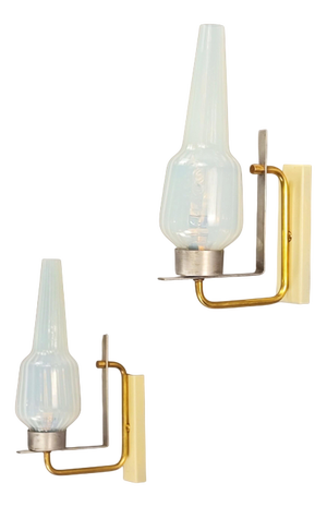 Italian Brass and Opalescent Glass Wall Lamps, 1950s, Set of 2