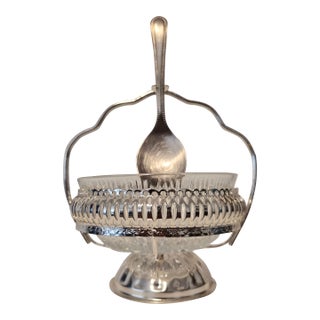 Vintage Queen Anne Silver Plate Jam Dish With Cut Glass Bowl & Spoon Made in England For Sale