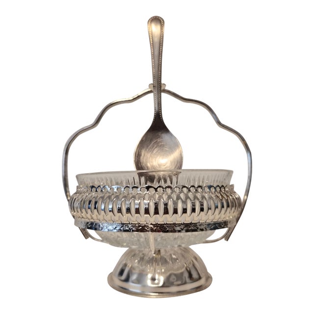 Vintage Queen Anne Silver Plate Jam Dish With Cut Glass Bowl & Spoon Made in England For Sale