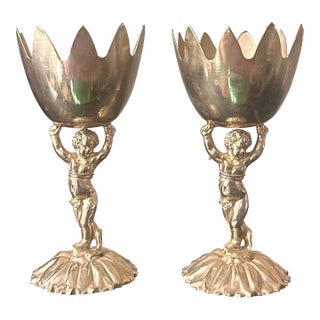 Vintage Renaissance Style Cherub/ Putti Gold Plated Metal Candle Holders, Eggs Cups - A Pair For Sale