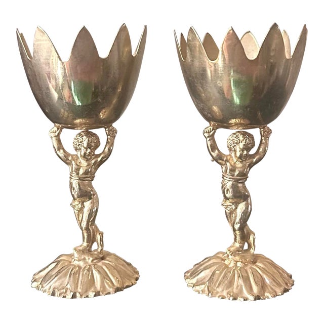 Vintage Renaissance Style Cherub/ Putti Gold Plated Metal Candle Holders, Eggs Cups - A Pair For Sale