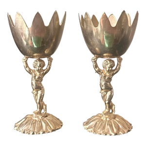 Vintage Renaissance Style Cherub/ Putti Gold Plated Metal Candle Holders, Eggs Cups - A Pair