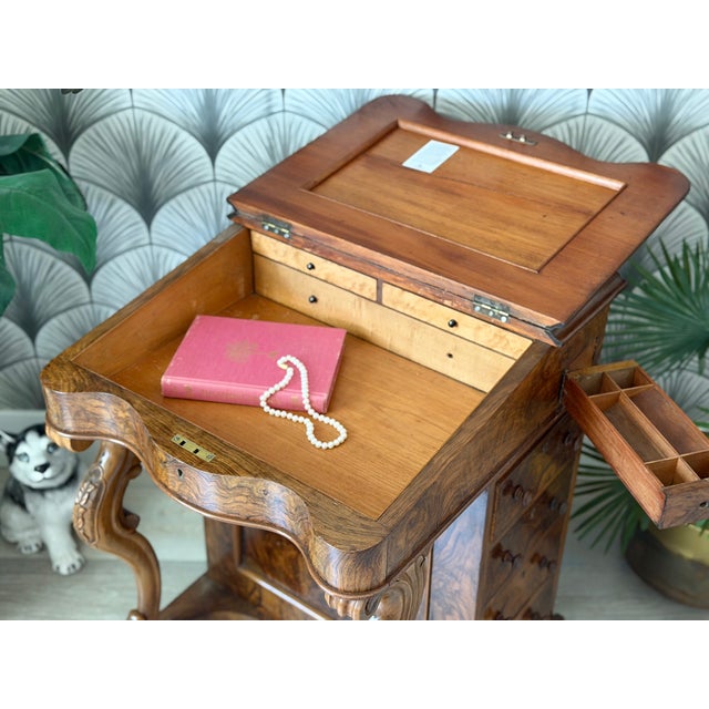 Late 19th Century Antique Victorian Burl Walnut Wood and Leather Davenport Writing Table Secretary Desk For Sale - Image 5 of 18