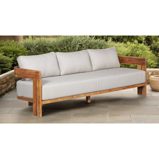 Paradiso Outdoor Solid Teak Wood Sofa - Gray Fabric For Sale - Image 12 of 13