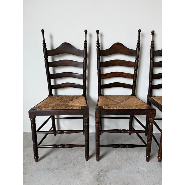 1970s Vintage French Country Style Oak Ladder Back Rush Seat Dining Chairs – Set of 4 For Sale - Image 5 of 18