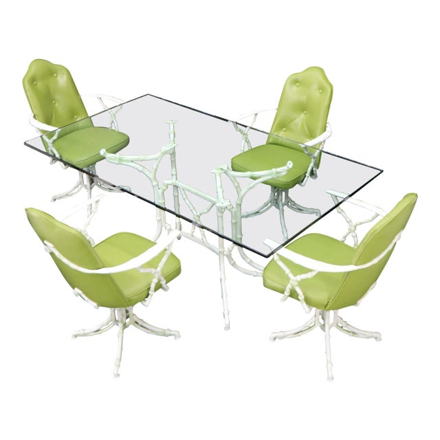 Cast Aluminum Faux Bamboo Dining Table w/ 4 Matching Chairs Outdoors Green Vinyl For Sale