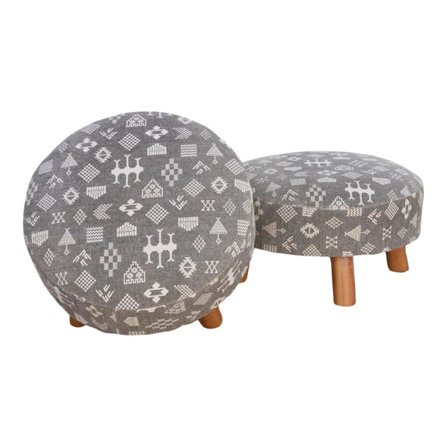 Pair of Black & White Mali Dhurrie Ottoman Stools For Sale