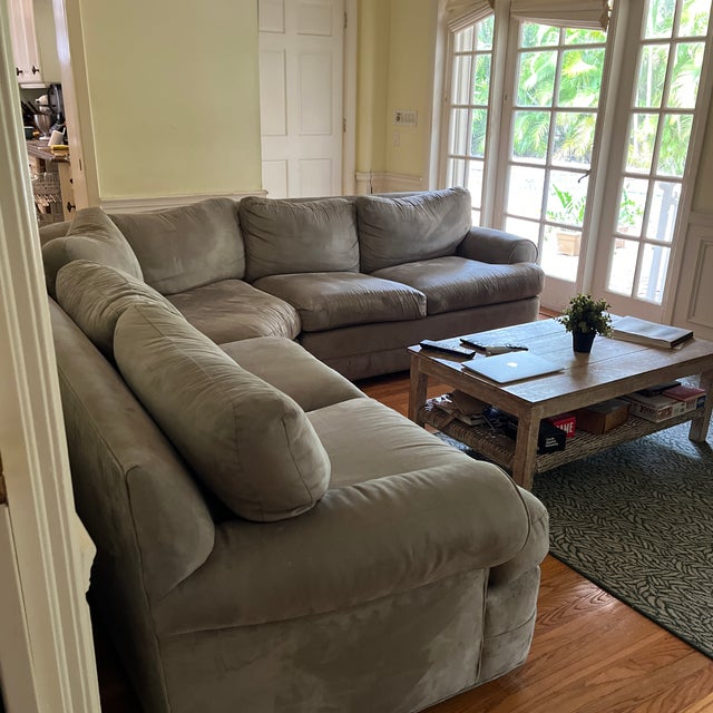 Attributed to Ethan Allen Three piece grey L shaped sofa that has been re-upholstered from the original design (no makers...