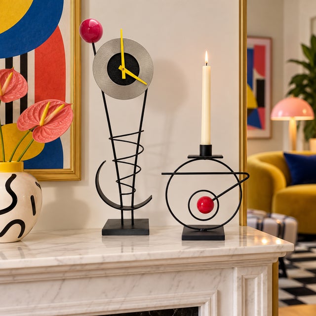 Rick Martin Signed 2012 Abstract Modernist Memphis Pop Art Steel Candlesticks Pair Measurements: 19.25"T x 6.75"W x 3"D...