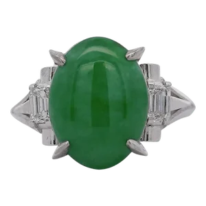 5.03 Carat Natural Jade and Diamond Filigree Cathedral Platinum Ring Size 6