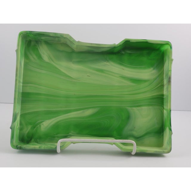 Art Deco Green Slag Glass Vanity Set – 7 Piece Dresser Set With Tray, Candlesticks & Ring Holder For Sale - Image 12 of 16