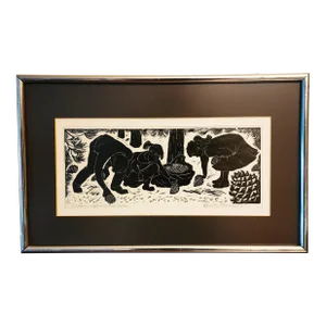 Charles F Surendorf Woodblock Children Gathering Pine Cones