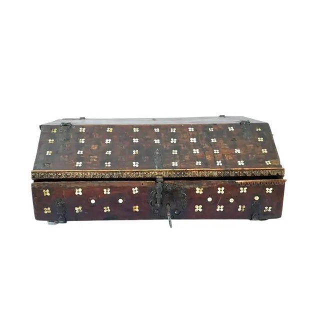Spanish Colonial Inlaid Travel Desk with Bone and Iron Mounts. Features a wooden foundation with wrought iron-mounted...