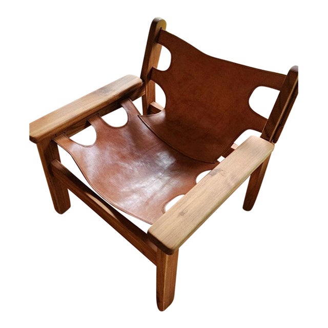 Modern Leather and Teak Lounge Chair For Sale