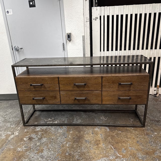 Industrial Bassett Furniture Wood + Metal Console Table For Sale - Image 3 of 12