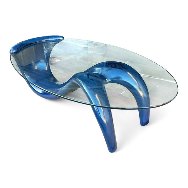 Contemporary Postmodern Sculptural Navy Blue Coffee Table With Oval Glass Top For Sale - Image 3 of 11