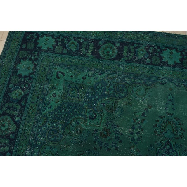 Green Mashad Rug 9’8” X 12’5” Green Wool Vintage Overdyed Hand-Knotted Carpet For Sale - Image 8 of 15