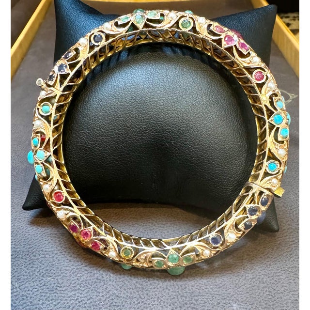Gemstone Natural Turquoise Emerald Ruby Sapphire pearl Bangle in 14 Kt Yellow Gold 41 Gm For Sale - Image 7 of 18