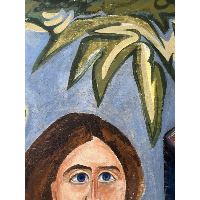 Green Vintage Modernist Portrait With Figure Encircled With Plants, Dated 1954 For Sale - Image 8 of 14