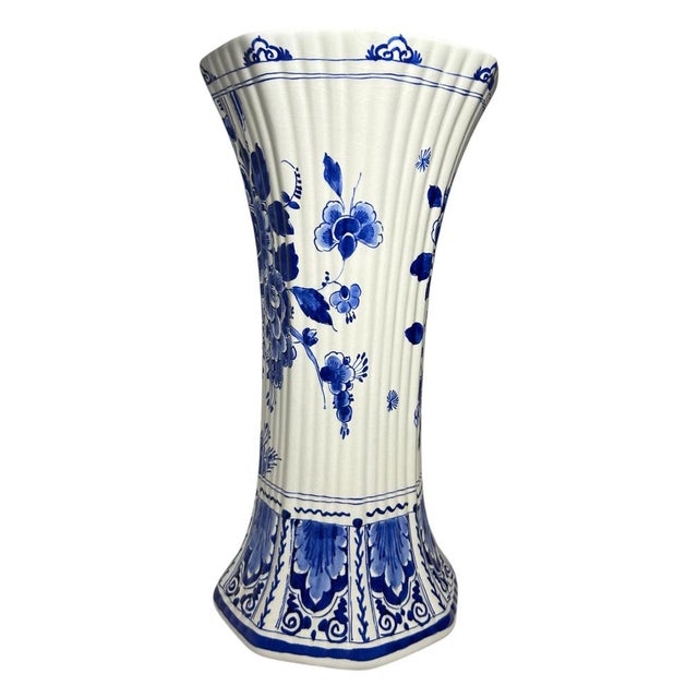 1970s Large Vintage Hand-Painted Trumpet Vase by W.G. Andringa for Royal Delft, 1977 For Sale - Image 5 of 17