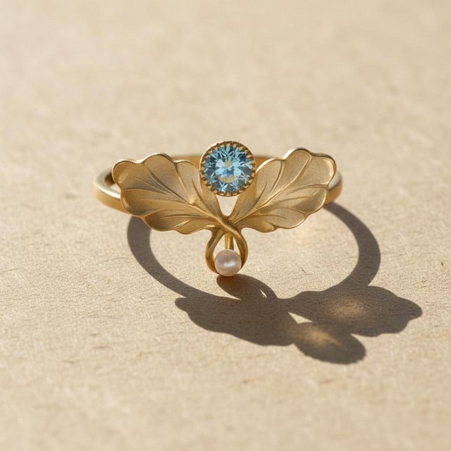 Art Nouveau–Inspired Topaz and Pearl Botanical Ring in 14k Gold, Size 7.5 For Sale - Image 4 of 7