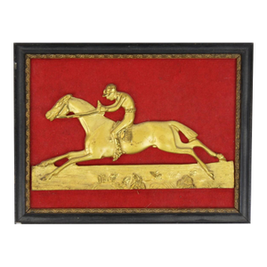 Mid 20th Century English Brass Jockey With Racehorse Relief Mounted/ Framed With Red Felt