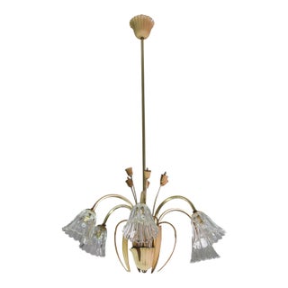 1950 Art Decò Murano Glass and Brass Chandelier, 6 Light For Sale