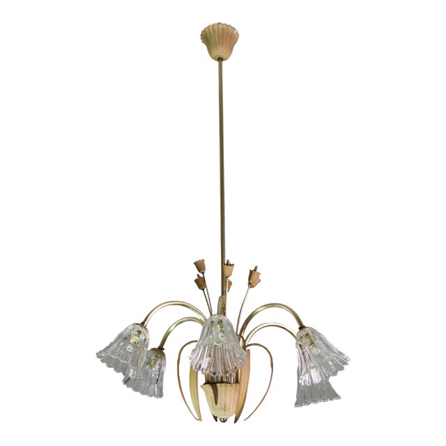 1950 Art Decò Murano Glass and Brass Chandelier, 6 Light For Sale