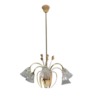 1950 Art Decò Murano Glass and Brass Chandelier, 6 Light