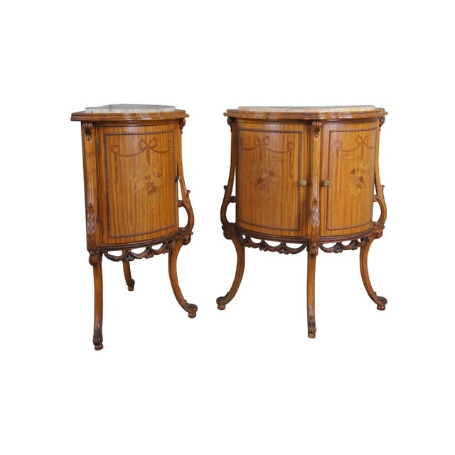 French Late 19th Century Antique French Neoclassical Demilune Satinwood Marble Cabinet Side Tables - Set of 2 For Sale - Image 3 of 13