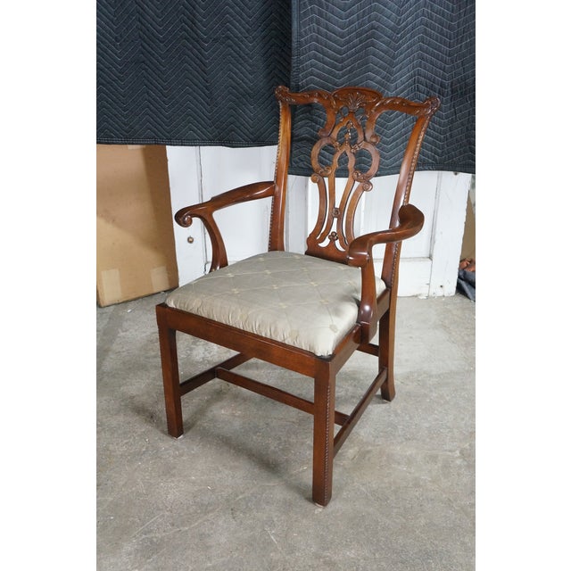 6 Late 20th Century Maitland Smith Chippendale Pierced Mahogany Dining Side Arm Chairs Silk Seats For Sale - Image 9 of 18