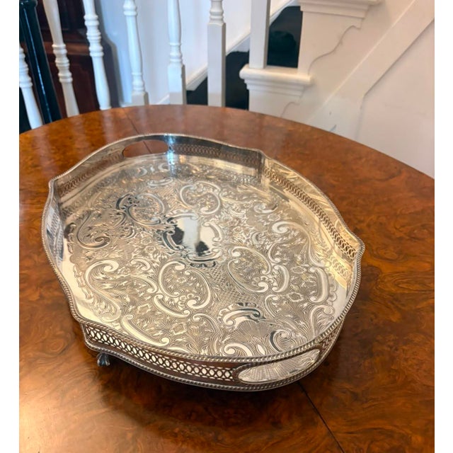 Antique Edwardian Silver-Plated Engraved Tea Tray with Pierced Gallery, 1900 For Sale - Image 3 of 15
