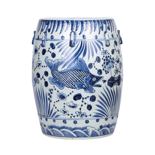 Blue Indigo Blue Fish Floral Ceramic Stool For Sale - Image 8 of 10