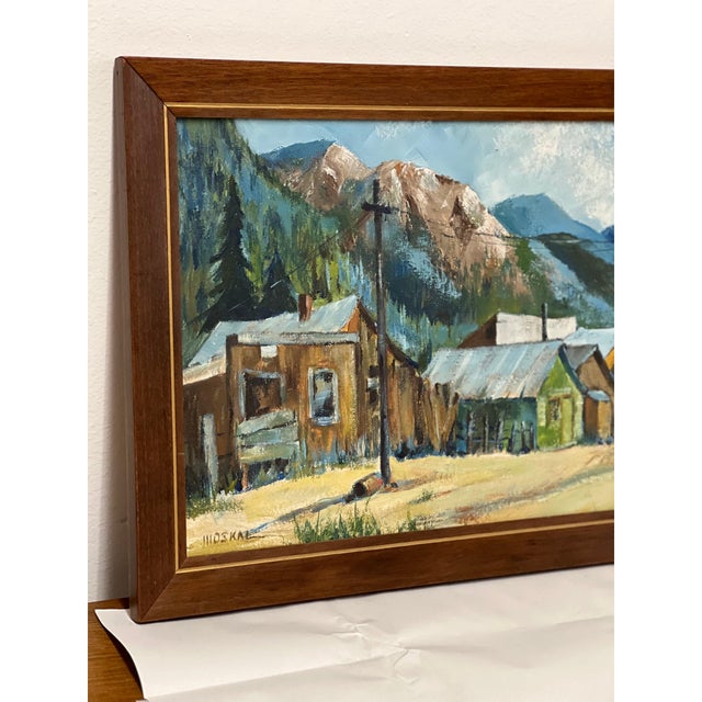 1970s Vintage Framed Mountain Town Landscape Painting, Rustic Village Scene With Alpine Peaks For Sale - Image 5 of 8