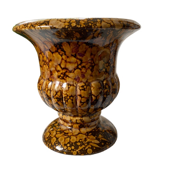 Ceramic 1970s Vintage Brown and Golden Beige Splatter Glazed Speckle Finished Ceramic Urn For Sale - Image 7 of 8