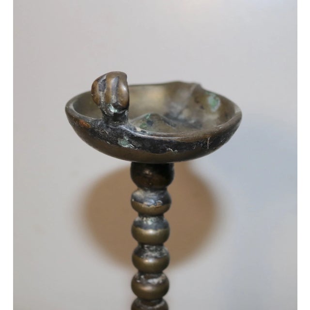 Metal Rare Antique 18th Century 1700's Hand Turned Brass Indian Oil Lamp Stand Figural For Sale - Image 7 of 12