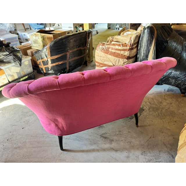 French Provincial 19th Century French Napoleon III Button-Tufted Fuchsia Brushed Cotton Settee For Sale - Image 3 of 10