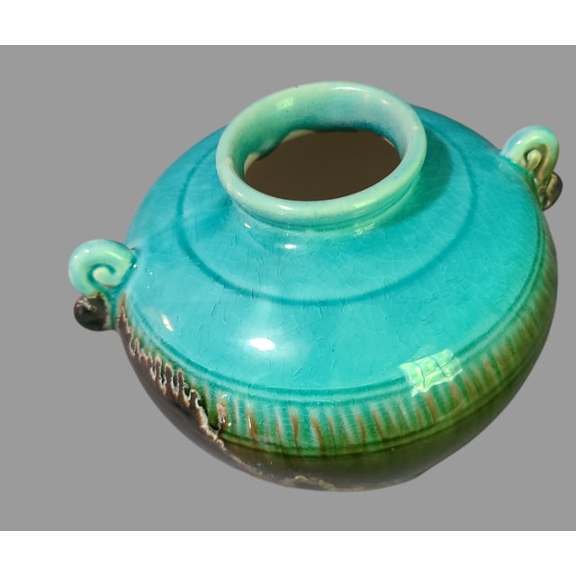 Vintage Studio Glazed Art Pottery Turquoise Blue Olive Green Vase Urn For Sale - Image 4 of 8