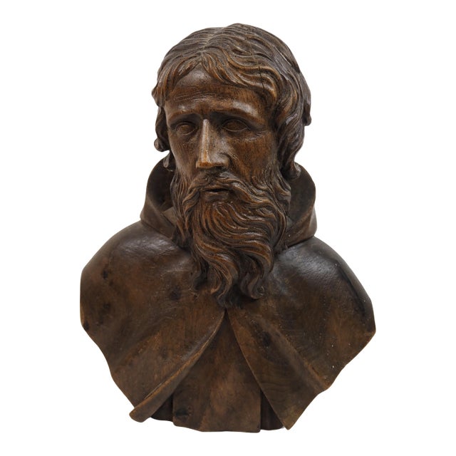 Antique Expressive Woodcarving, Bust Depicting a Monk or Male Saint, Ca. 1800 For Sale