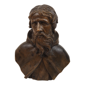 Antique Expressive Woodcarving, Bust Depicting a Monk or Male Saint, Ca. 1800