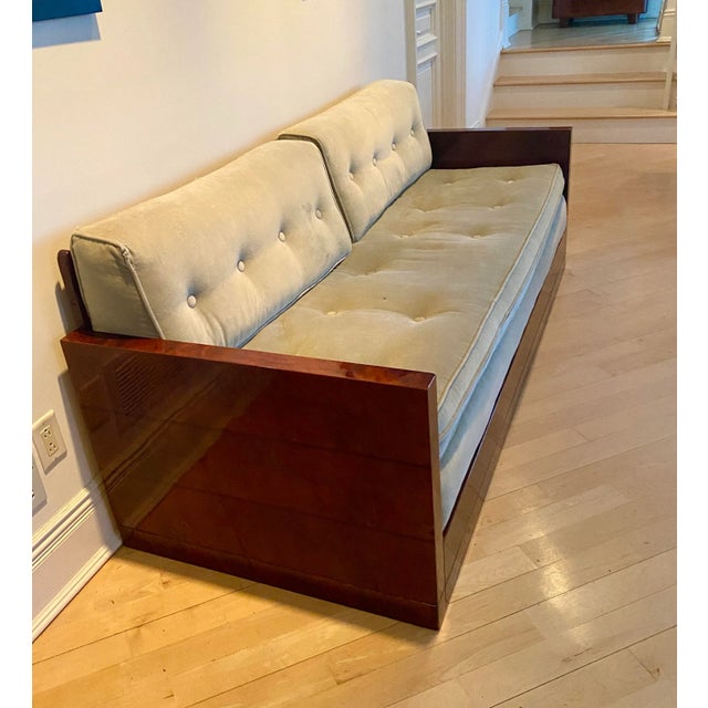 Art Deco Mahogany Upholstered Fabric Sofa Day Bed. Celadon green velvet fabric. This sofa bed comfortably sets 4 people...