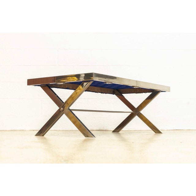 Mid Century Modern Chrome and Blue Strap Bench Milo in Baughman Style For Sale - Image 9 of 10